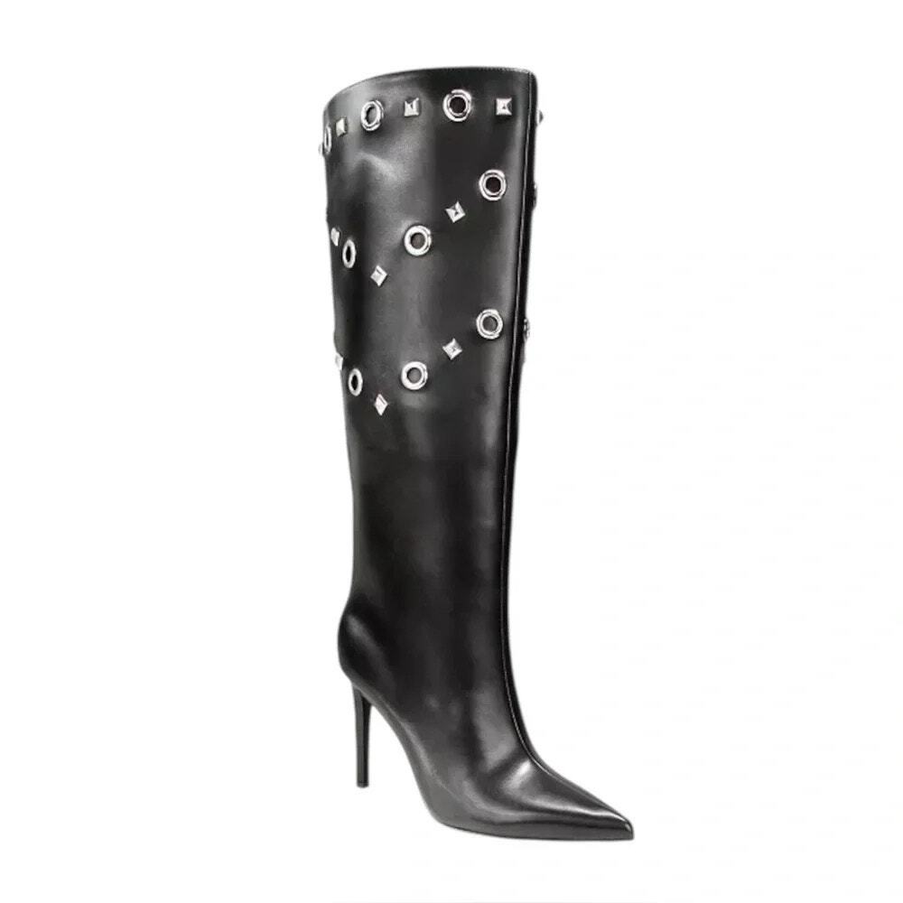 INC Saioa Black Knee High Boots Silver Grommet Stud Stiletto 8.5M NWOB